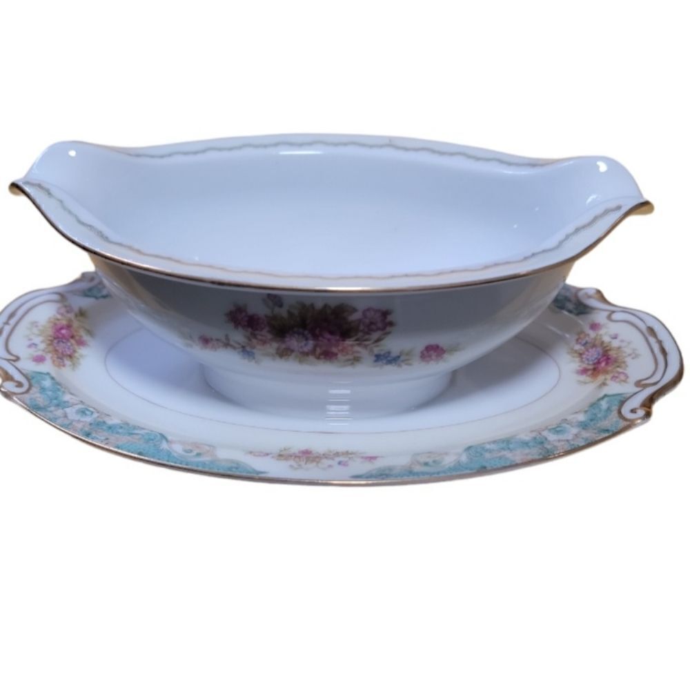 Vintage Jyoto China Gravy Boat with Attached Underplate